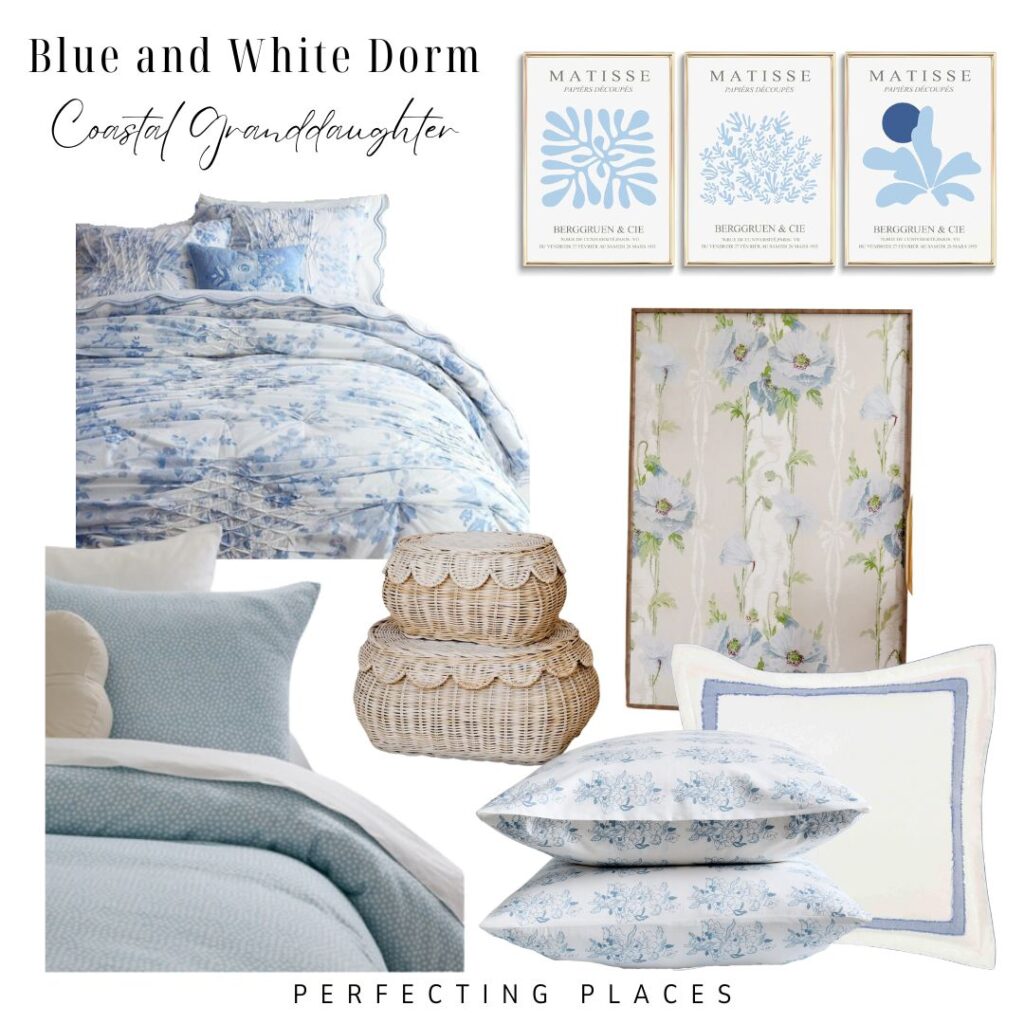 A dorm room decor set in blue and white featuring bedding, pillows, two wicker baskets, and three Matisse-themed art prints. Various floral patterns and textures evoke a coastal grandmother aesthetic. For those seeking dorm room color scheme ideas, the text reads "Blue and White Dorm: Coastal Granddaughter" and "Perfecting Places.
