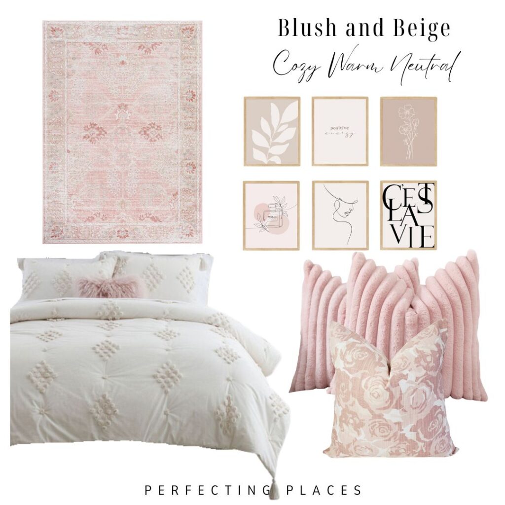 A blush and beige themed room decor collection featuring a pink rug with floral patterns, a white textured duvet set, pink and floral-print cushions, and beige framed minimalist art prints—perfect for trendy dorm color schemes. The words "Blush and Beige Cozy Warm Neutral" and "Perfecting Places" are written.