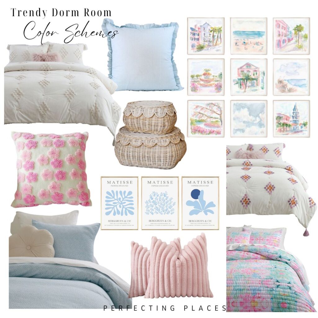 Collage of trendy dorm room decor including various throw pillows, bedding sets, wicker baskets, decorative wall art, and three Matisse prints. The dorm room color scheme ideas feature soft pastels such as pink, blue, and white. Baskets and woven textures add a rustic touch.