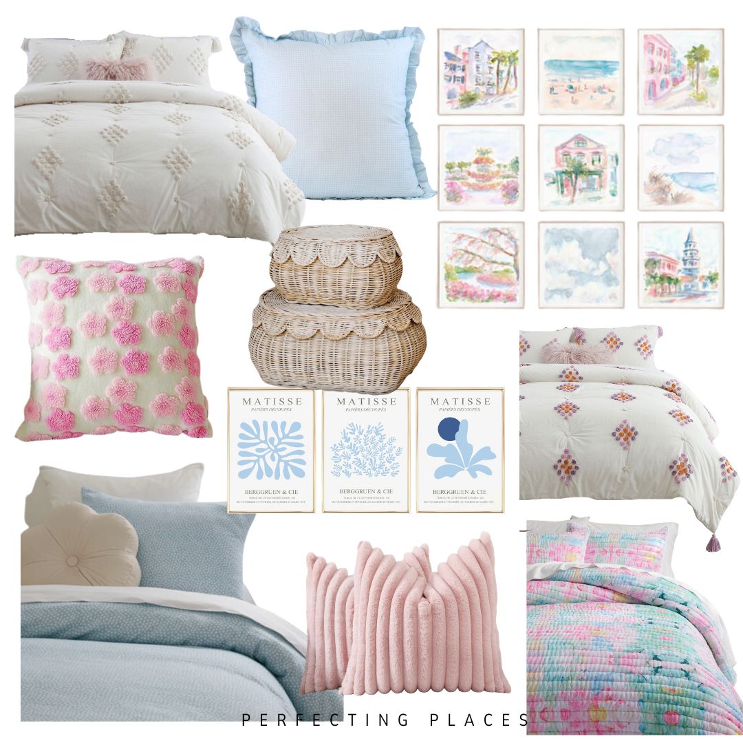 A collage of bedroom decor items, perfect for dorm room color scheme ideas, featuring pastel-colored bedding, pillows, wicker baskets, and charming wall art prints. The bedding and pillows come in soft tones of blue, pink, and white with floral and geometric patterns. The wall art showcases watercolor scenes and designs.