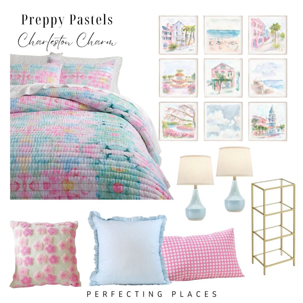 A pastel-themed bedroom decor collage titled "Preppy Pastels Charleston Charm." It features a pastel quilt, three pillows (flower, ruffled, and checkered), two table lamps, a gold shelving unit, and a set of nine coastal-themed wall arts. Perfect for trendy dorm color schemes. Text reads "Perfecting Places.