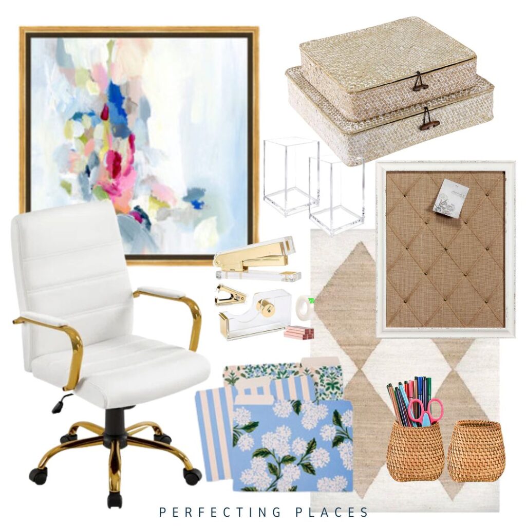 Home Office Decor Accessories from Amazon -- artwork, desk chair, decorative woven boxes, desk accessories, rug, bulletin board, file folders