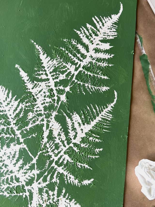 DIY Botanical Wall Art - White fern print on green background,