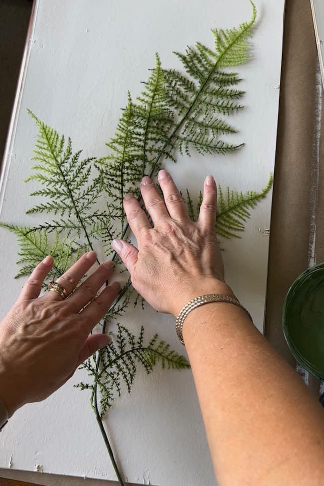 After the adhesive is applied, press the fern into place on the white background.