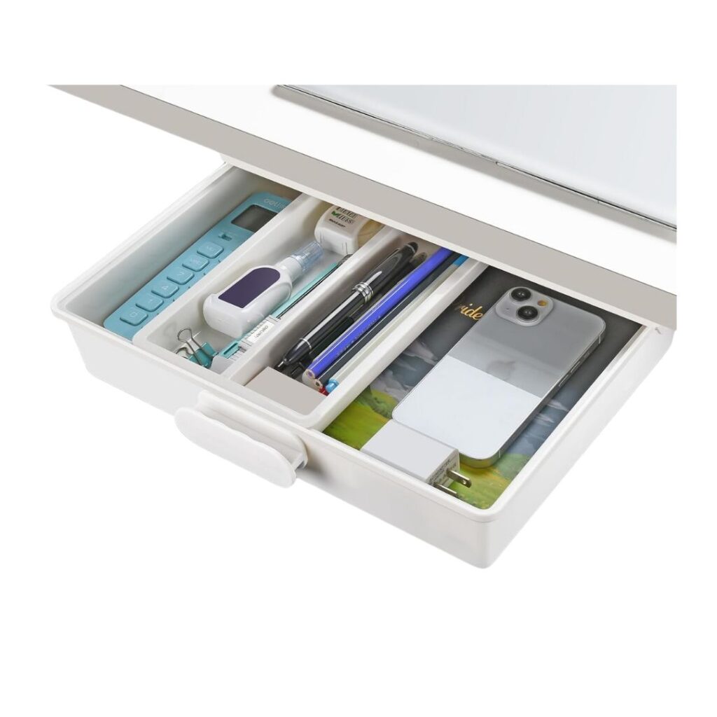 A white drawer organizer containing various items, including a calculator, thermometer, sanitizer bottle, pens, markers, a smartphone, and small accessories like paper clips. The drawer is slightly pulled out, displaying neatly arranged contents—perfect for those seeking tips for getting organized.