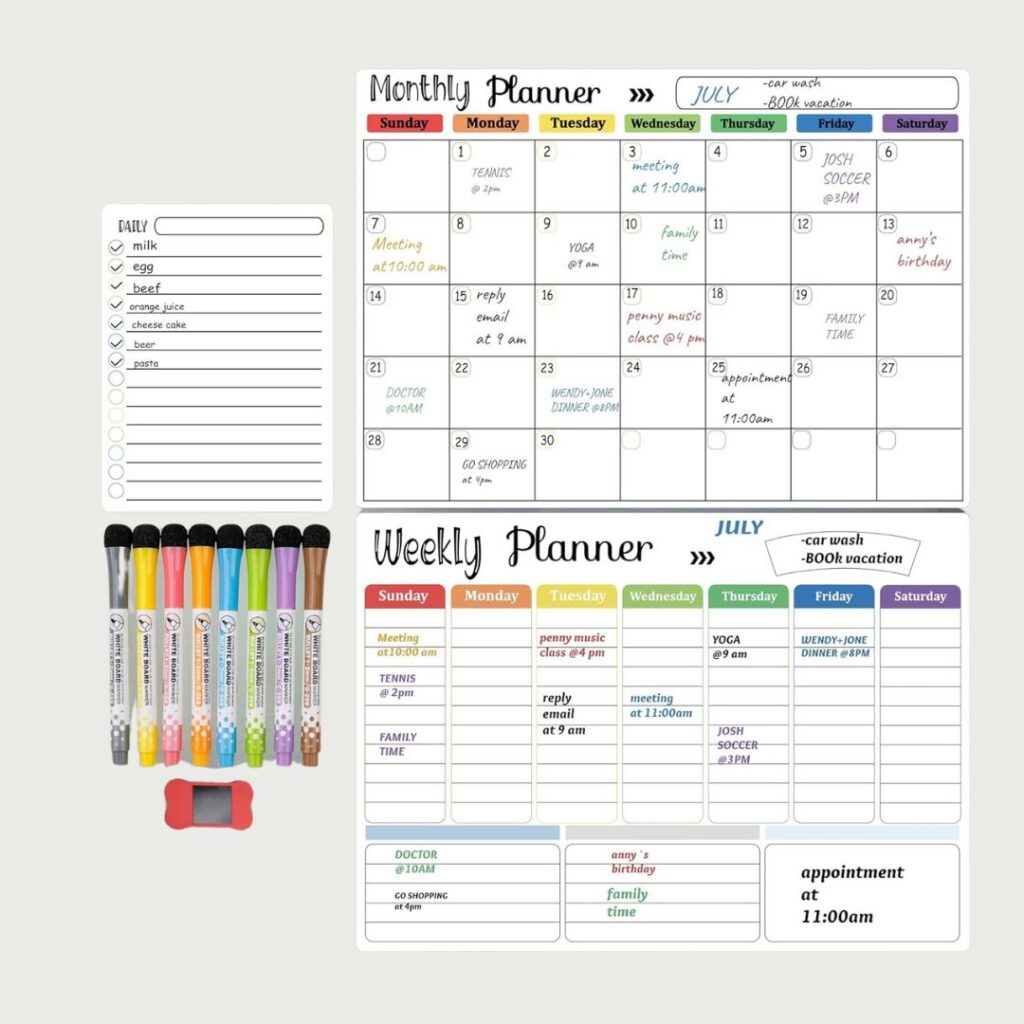 An organizational set featuring a monthly and weekly planner for July. The monthly planner is filled with events, while the weekly planner lists daily tasks and notes. Included are seven colorful markers, an eraser, and a lined notepad with a to-do list—perfect tips for getting organized.