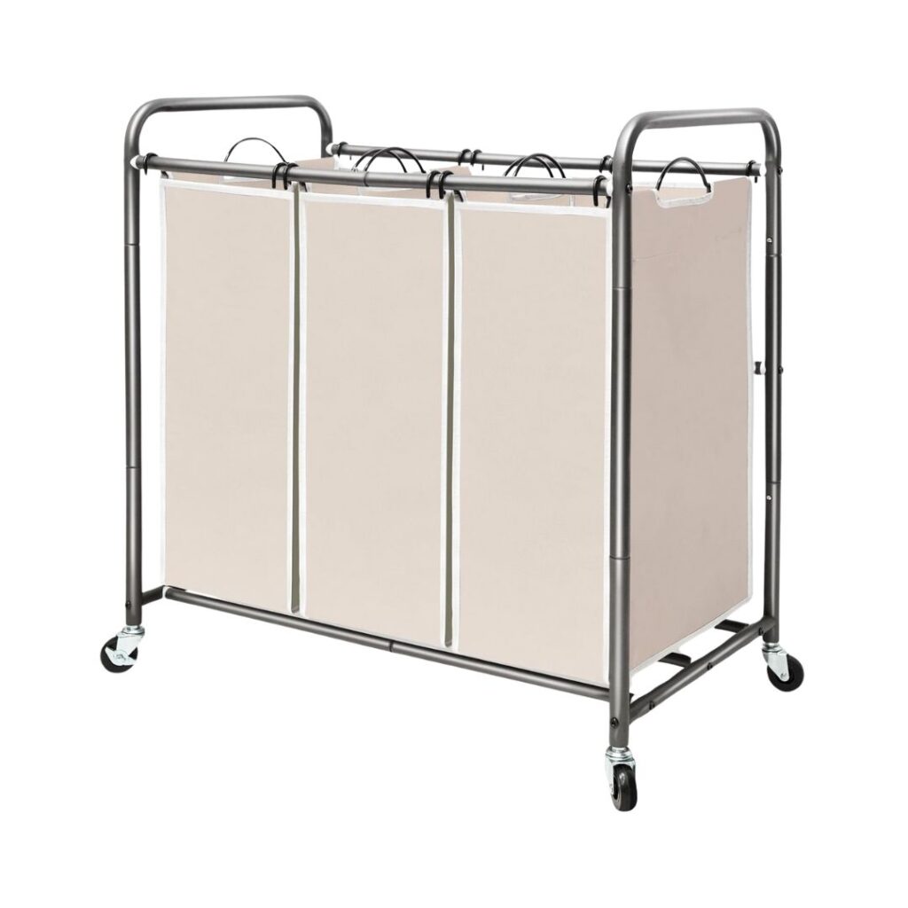 A three-compartment beige laundry sorter with a metal frame and four wheels, essential in tips for getting organized. Each compartment features a removable fabric bag held by hooks, making it perfect for effortlessly organizing and transporting laundry.