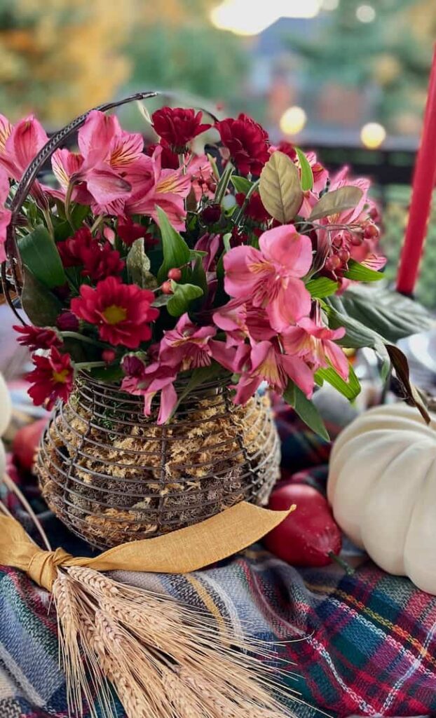 Fall Flower arrangment in shades of red and deep pink