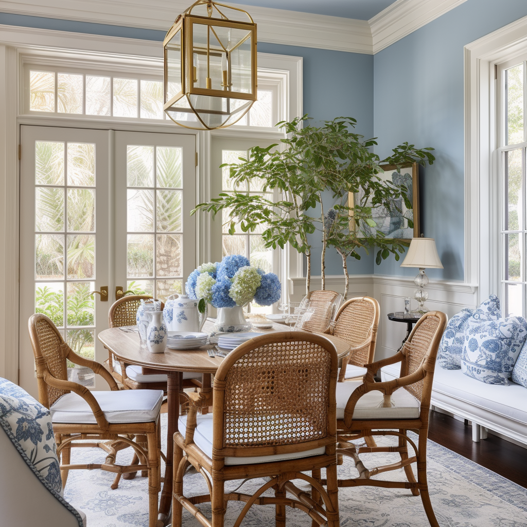 Dining room painted with blue walls.