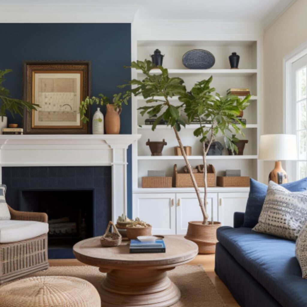 Living space with blue color scheme with navy painted fire box