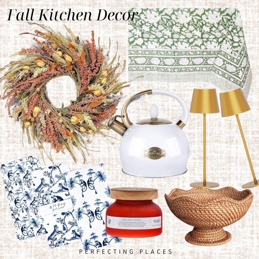 Fall Kitchen Decor Items to shop -- fall wreath, white tea kettle, green block print tablecloth, Gold table lamps, Red Lava scented candle, rattan pedestal bowl