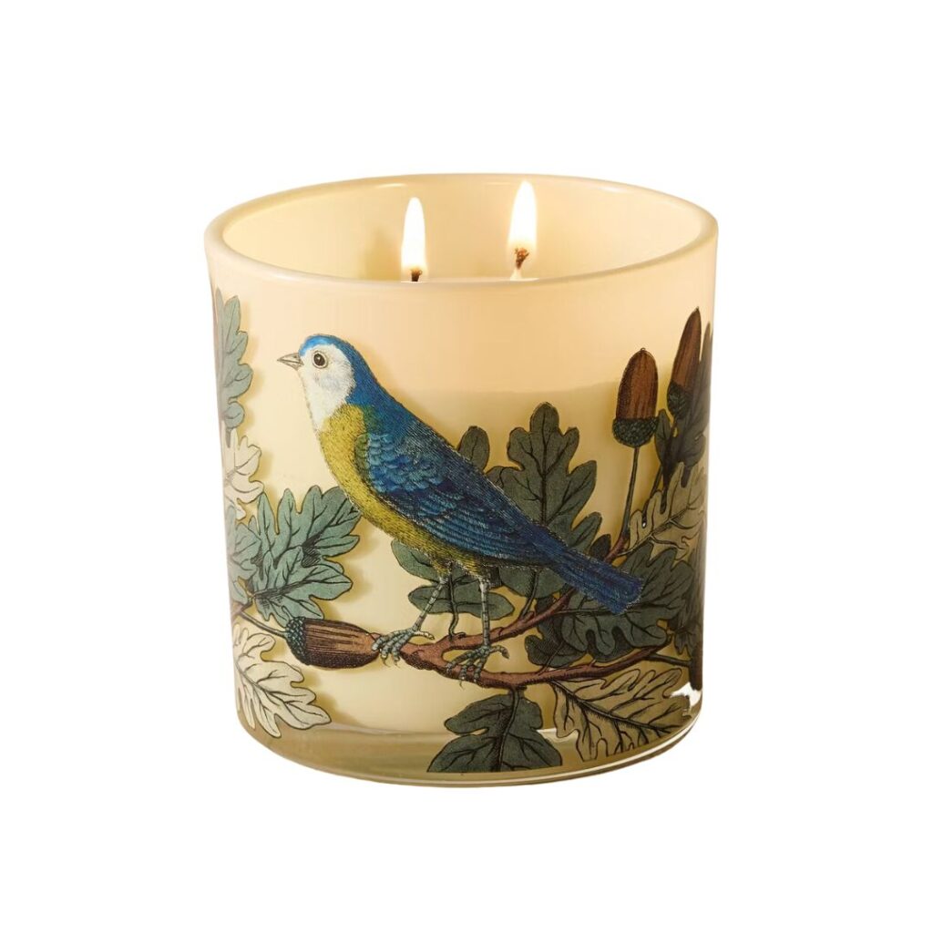 A lit candle in a glass container showcases a decorative design with a blue and yellow bird perched on a branch with green leaves and acorns, perfect for adding charm to your fall kitchen decor ideas on a budget.