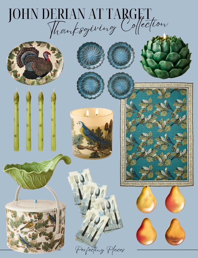 Discover budget-friendly fall kitchen décor ideas in John Derian's Thanksgiving-themed collection at Target. Featuring a turkey plate, blue and green floral dishes, artichoke candle, asparagus decorations, peacock rug, pear décor, green serving bowl, and peacock napkins.