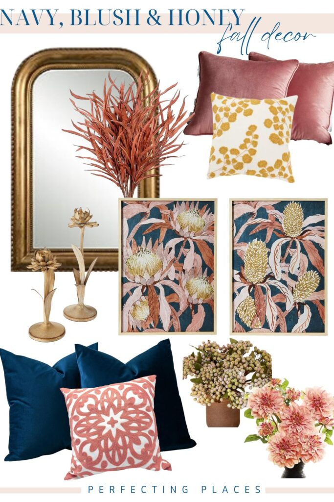 Navy, Pink, and Honey fall decor scheme pin