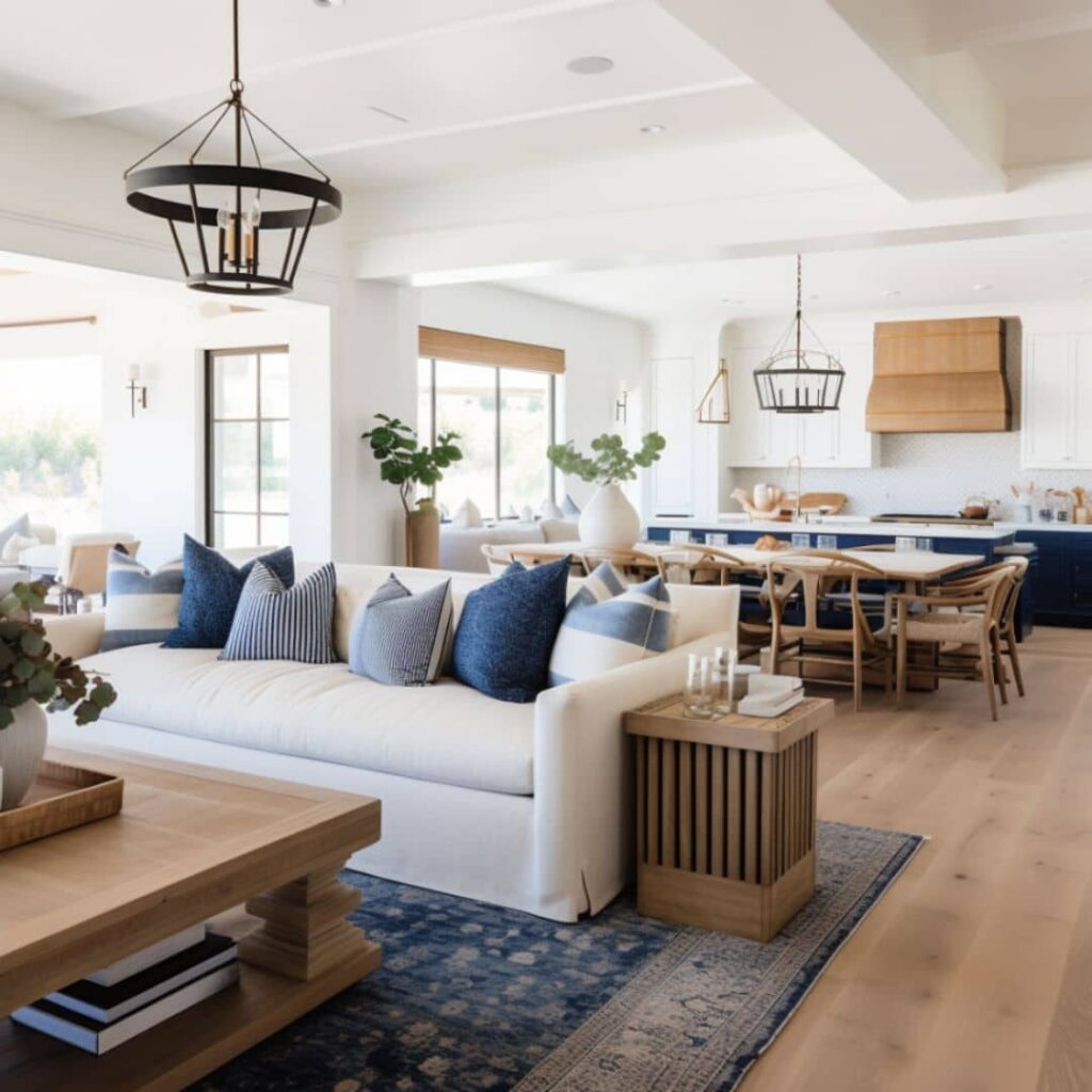 Open Floor Plan Living space with blue color scheme