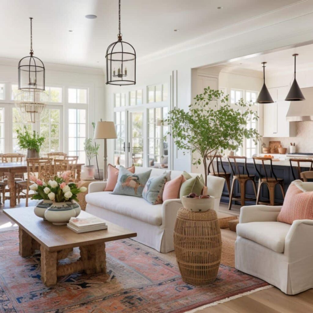 Open Floor Plan Living space with blue and blush color palette