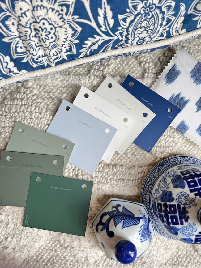 Color palette for Sherwin-Williams Upward, their 2024 Color of the Year with blues, neutrals, and greens