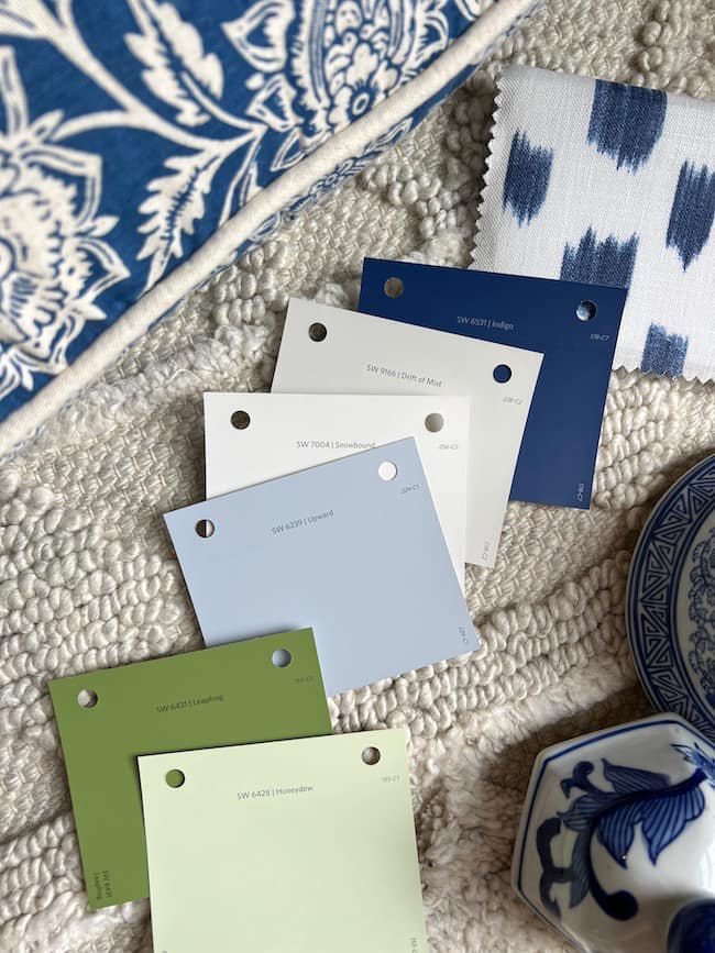 Color palette for Sherwin-Williams Upward, their 2024 Color of the Year with blues, neutrals, and greens