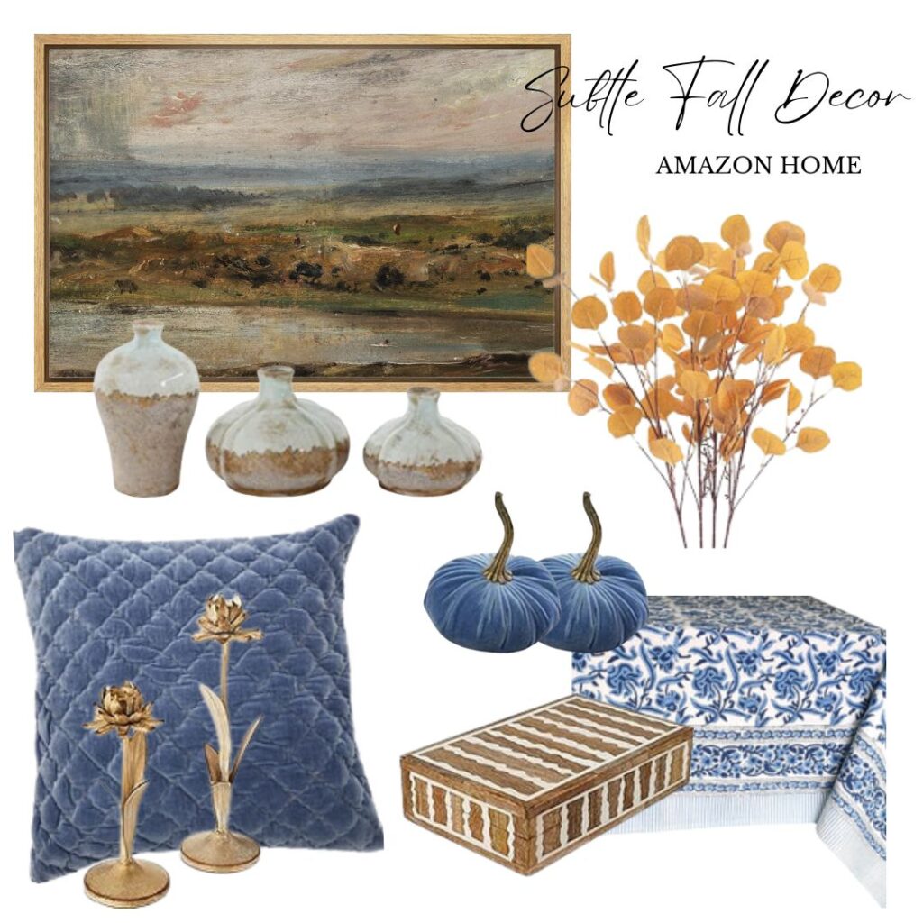 Subtle Fall Decor Collage in Blues and Browns from Amazon Home -- artwork, golden fall stems, blue velvet pumpkins, blue and white block print tablecloth, gold flower candlesticks, brown and white inlay box, brown and cream vase set, and blue velvet pillow