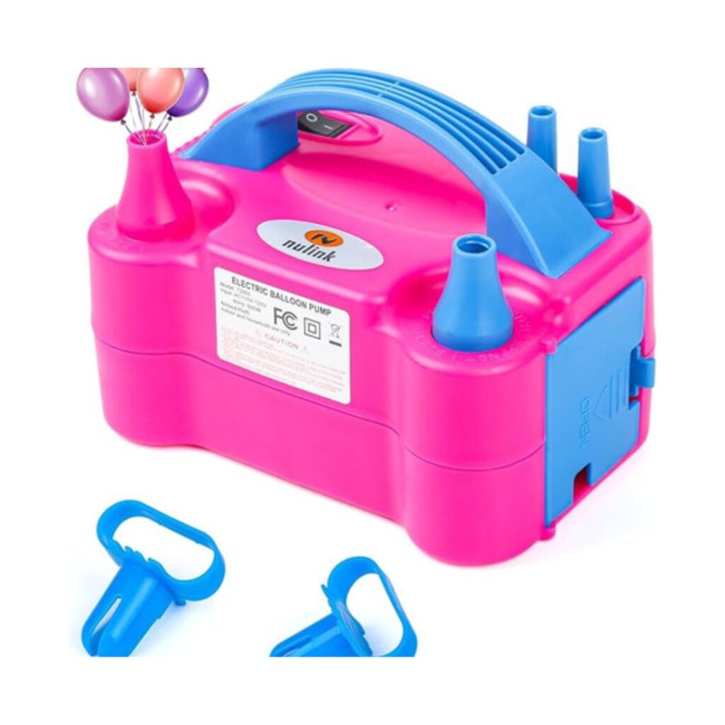 A pink and blue electric balloon pump with nozzles on top, a blue handle, and a label on the side—perfect for teen girl birthday party ideas. Two blue nozzle adapters and a few colorful balloons are also visible.