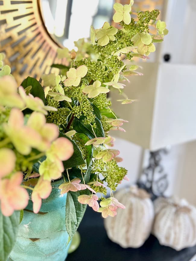 Hydrangeas in a vase on the foyer table