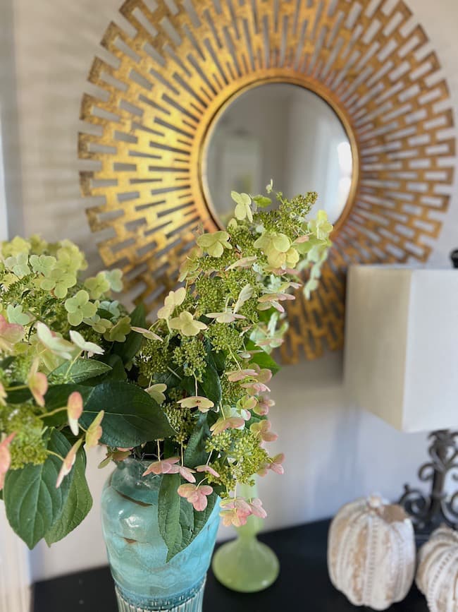 Hydrangeas in a vase on the foyer table