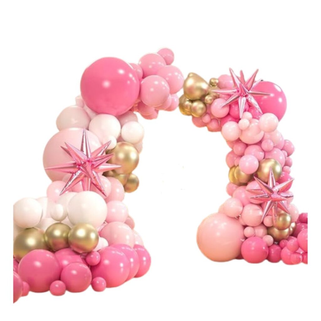 A decorative balloon arch made of pink, white, and gold balloons with metallic pink star-shaped balloons against a white background—perfect for teen girl birthday party ideas.