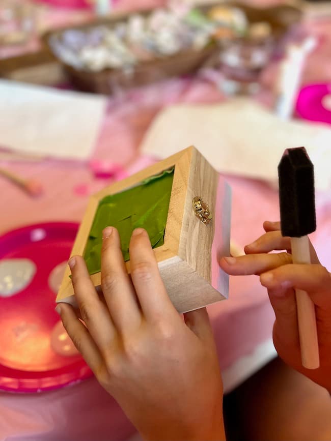 Teen Girl Birthday party craft - decorate a wooden jewelry box with acrylic paint.