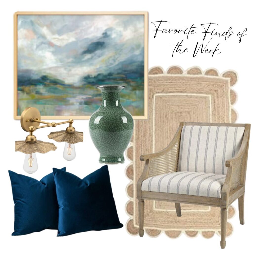 Favorite Finds from the Week -- artwork, pillows, chair, rug, green vase, and light fixture