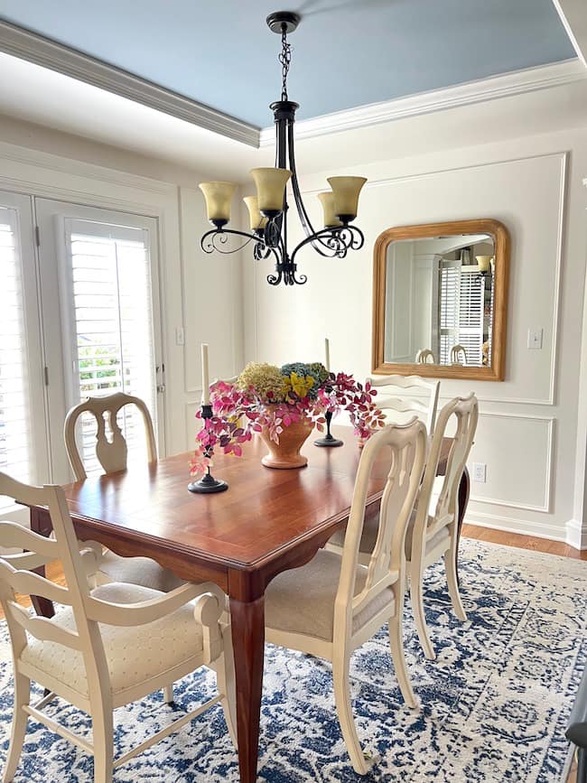 Blue Paint color --Dining room with Benjamin Moore White Dove wall and ceiling painted BM Little Falls