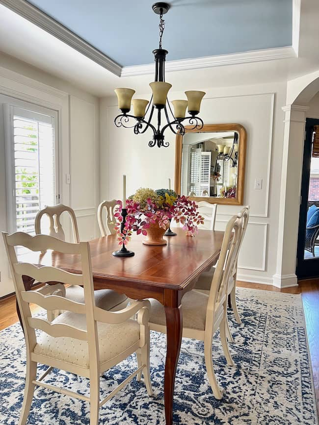 Blue Paint color --Dining room with Benjamin Moore White Dove wall and ceiling painted BM Little Falls 