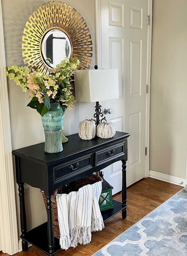 Fall Home Tour Foyer Table with Flower Arrangement and Wooden Pumpkins