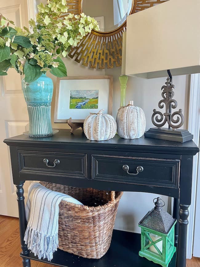 Fall Home Tour Foyer Table with Flower Arrangement and Wooden Pumpkins- New Artwork by Candace Carrol Art