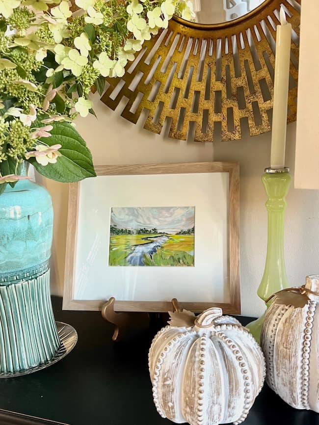 Fall Home Tour Foyer Table with Flower Arrangement and Wooden Pumpkins- New Artwork by Candace Carrol Art