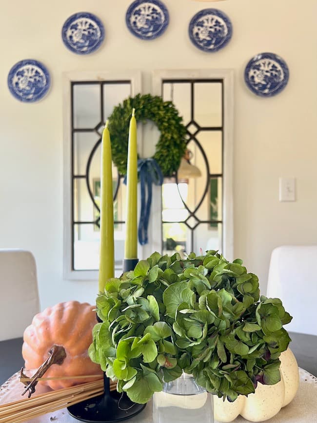 Green and White Fall Decor in the Kitchen and Dining Room