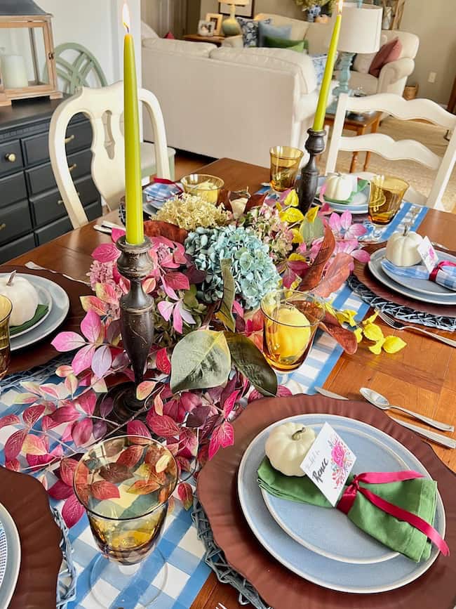 Thanksgiving dinner table decorations in jewel tones