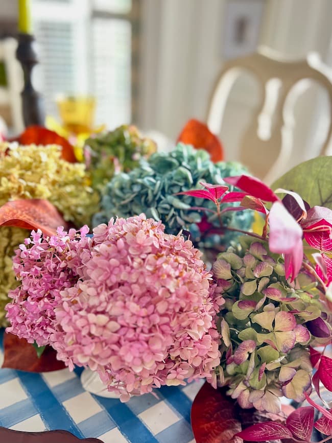 Fall centerpiece with dried hydrangeas