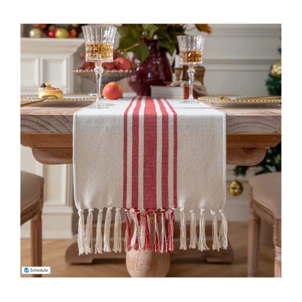 Red striped table runner in Christmas Table Decor