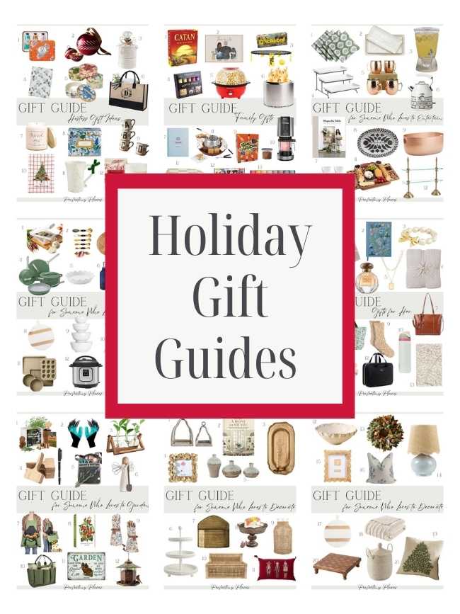 Collage of holiday gift guides featuring various items like mugs, books, kitchenware, and home decor. Center text reads "Holiday Gift Guides." Perfect for discovering unique gifts this season.