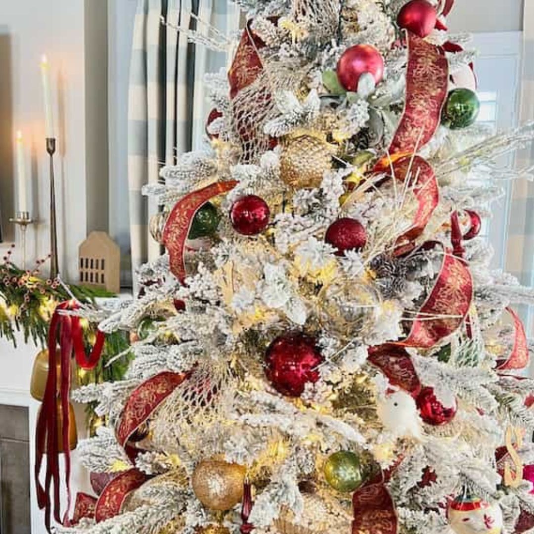 Festive Flocked Christmas Tree Decorating Ideas
