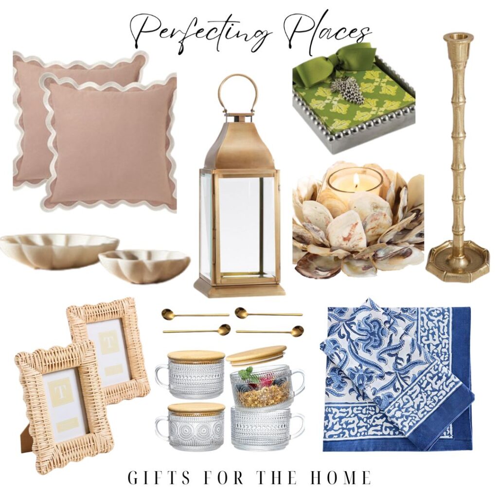 A collage of home decor items perfect for a 2023 Holiday Gift Guide, featuring beige scalloped pillows, a gold lantern, and elegant gold bowls. Discover decorative candle holders, woven photo frames, glass containers with lids, a green and gold box, gold spoons, and blue patterned napkins.