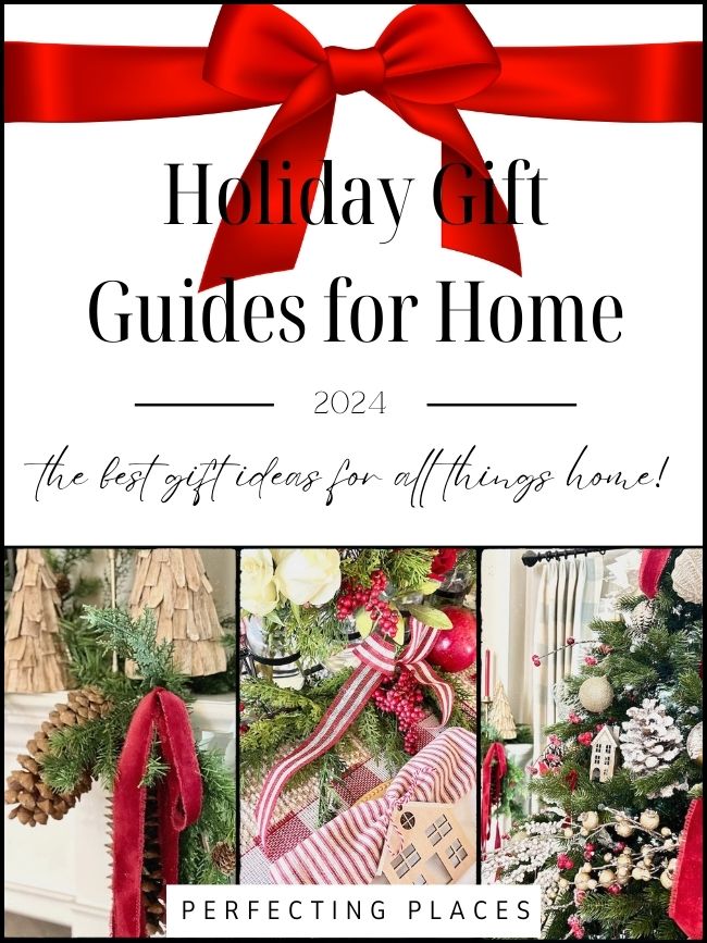 A festive graphic titled "Holiday Gift Guides for Home 2024" features a large red bow. Below, images of Christmas decorations, including a tree with ornaments and ribbons, accompany the text: "Discover the best gift ideas for all things home in this ultimate Gift Guide!