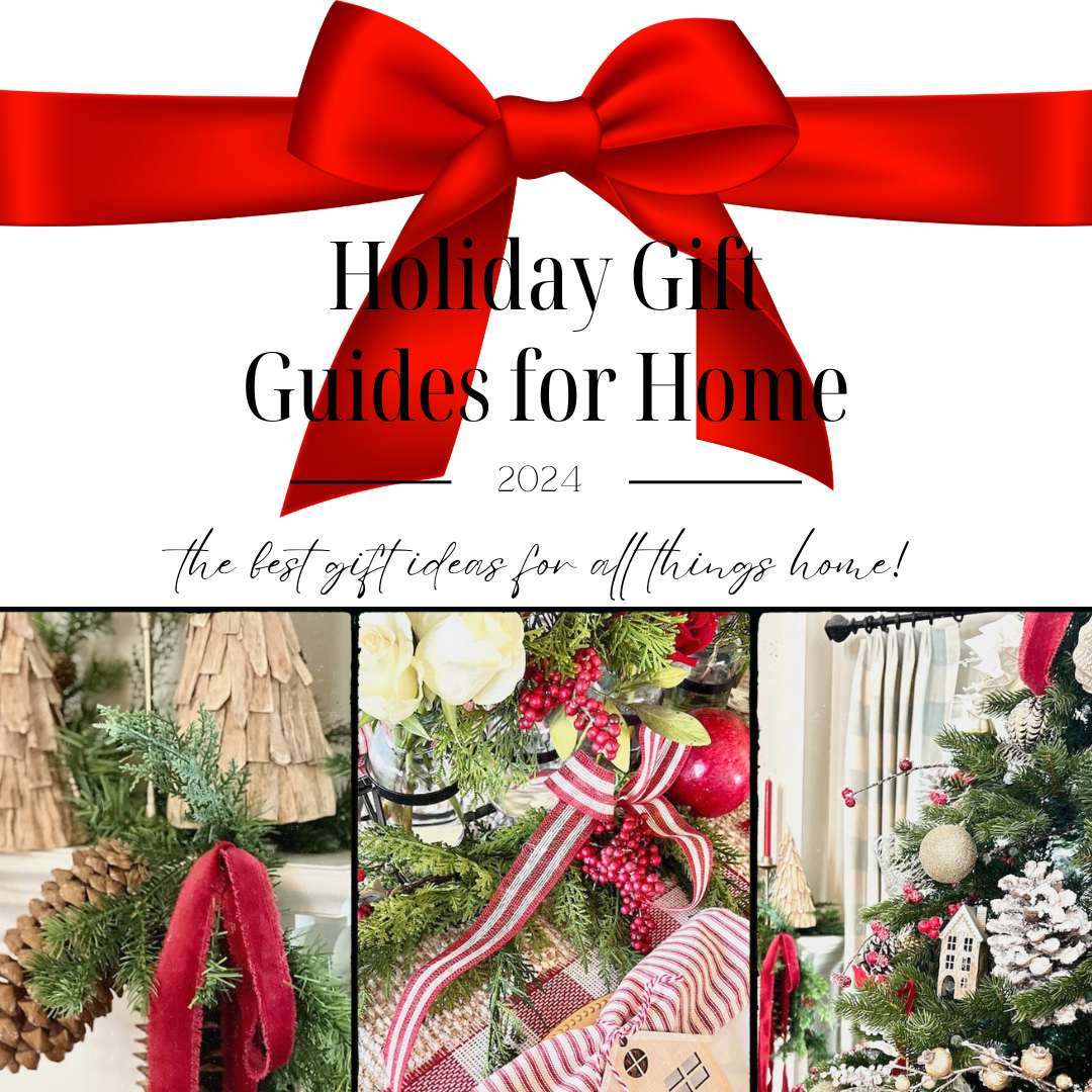 Holiday Gift Guides for Home 2024 cover, featuring a large red bow at the top. The collage showcases Christmas-themed decor with red ribbons, ornaments, and evergreen arrangements. Text reads: "The best home decor gifts for Christmas ideas!".