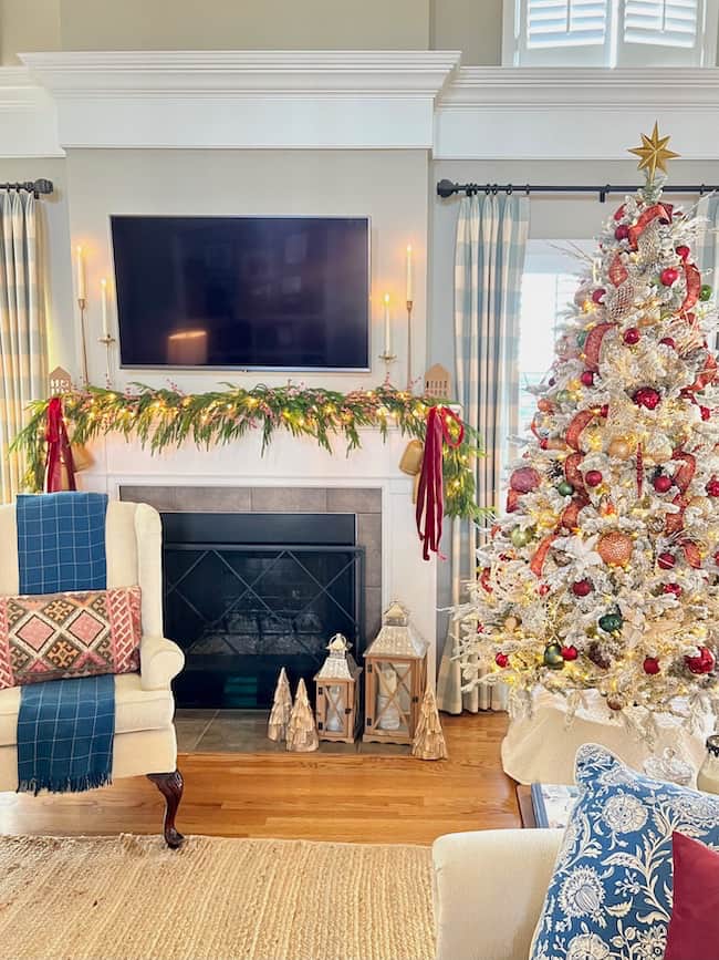 Living Room with Flocked Christmas tree