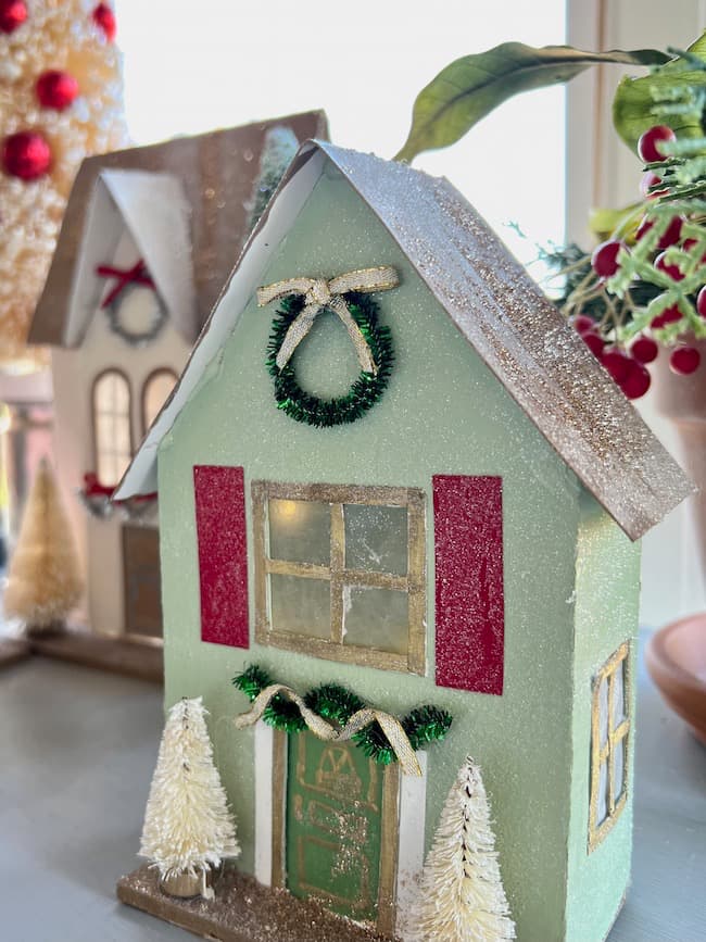 DIY Christmas Village houses -- green with red shutters