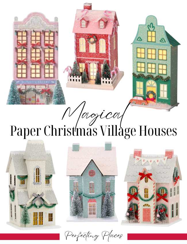 A collection of six colorful, decorative paper Christmas village houses. Featuring various designs with snow-topped roofs and festive wreaths, these pieces are inspired by printable Christmas village templates. The text reads "Magical Paper Christmas Village Houses" and "Perfecting Places.