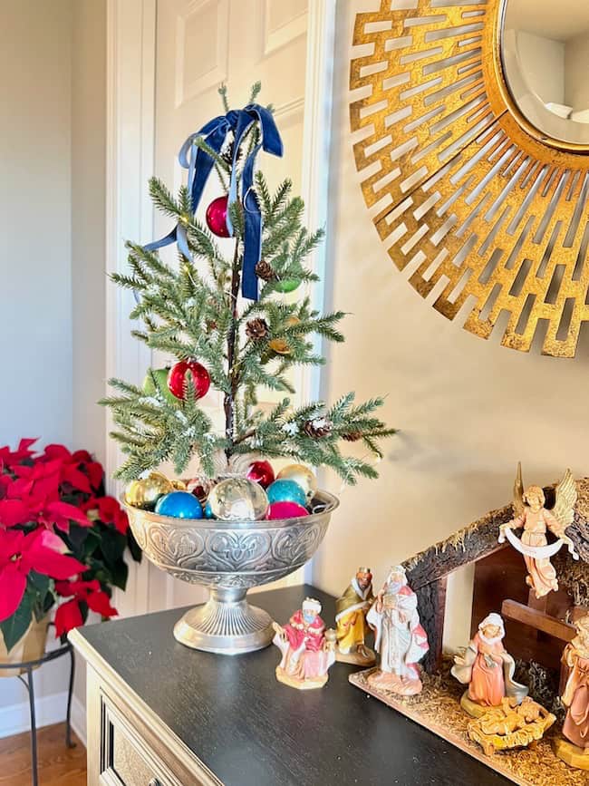 Christmas tour with nativity and Vintage ornament tabletop tree