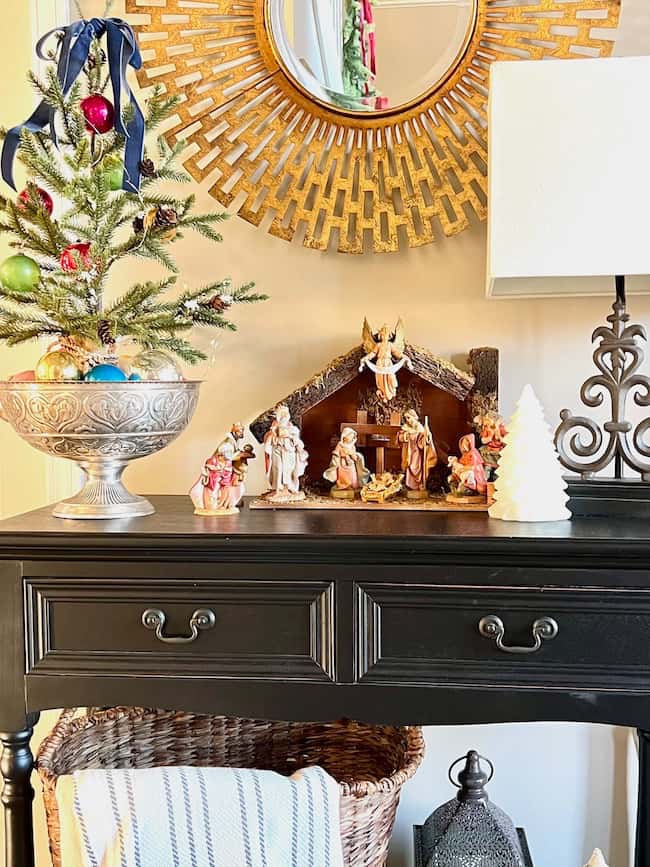 Classic Christmas Foyer decor with nativity and Vintage ornament tabletop tree