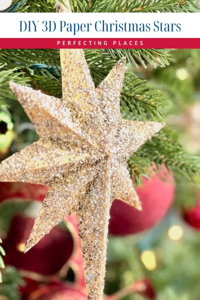 Close-up of a glittery, gold 3D paper star ornament hanging on a Christmas tree with red baubles. Text at the top reads "Creative DIY Christmas Star Ornaments: Perfecting Places.