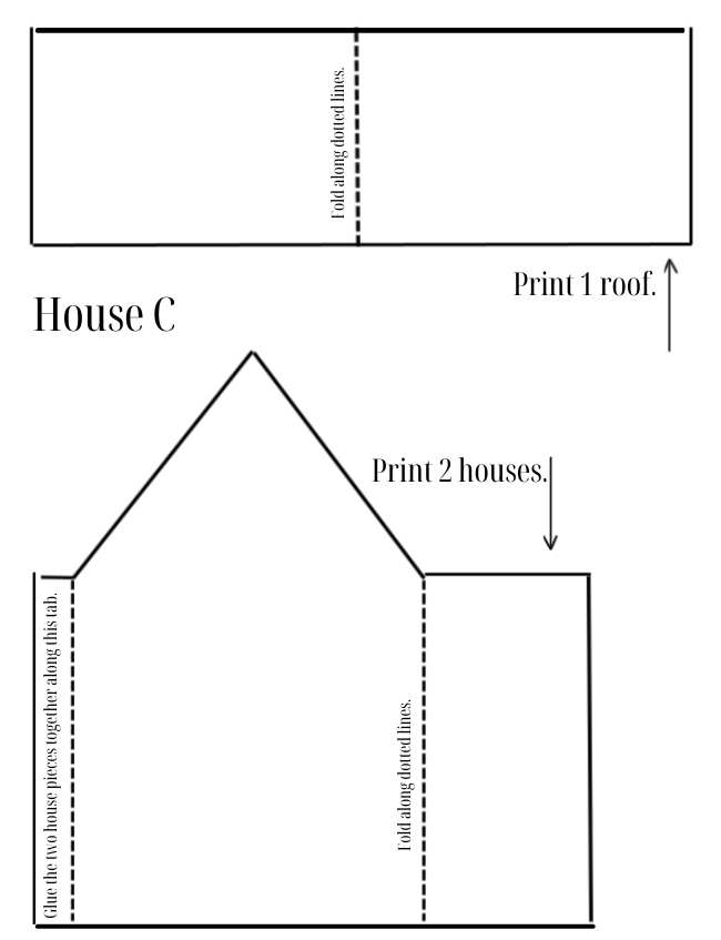 A diagram for assembling DIY Christmas village houses. The top image shows a rectangle labeled "Print 1 roof" with fold lines. The bottom image depicts a house shape labeled "House C" with instructions to print two, showing fold lines and glue placement.